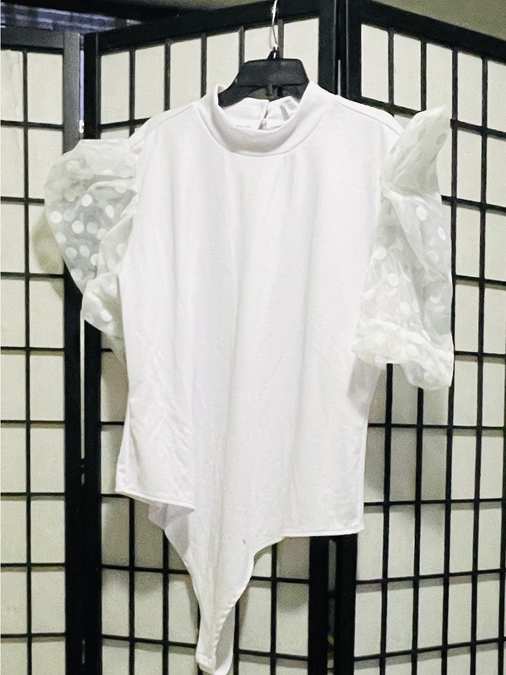 White Puff-Sleeve Bodysuit with Sheer Polka-Dot Sleeves